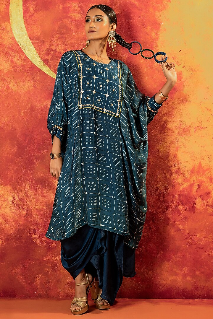 Indigo Blue Ajrakh Hand Block Satin Sequins Embroidered Kurta Set by Prahnaaya at Pernia's Pop Up Shop