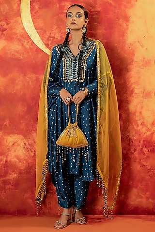 Indigo Blue Ajrakh Hand Block Satin Sequins Embroidered Kurta Set by Prahnaaya