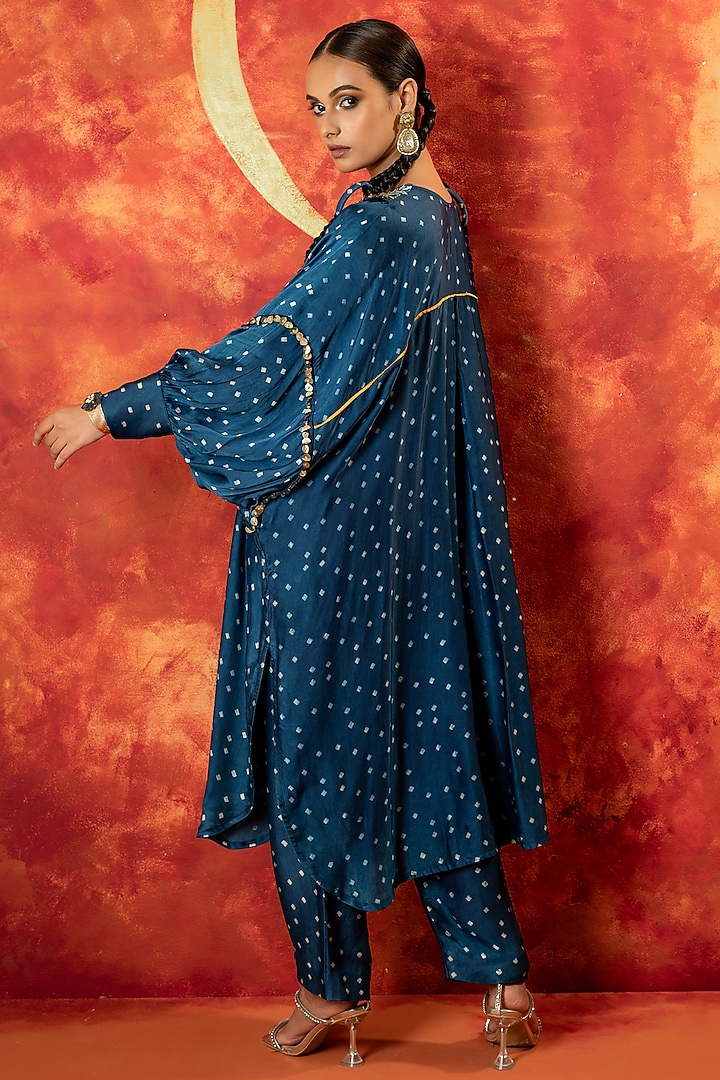 Indigo Blue Ajrakh Hand Block Satin Sequins Embroidered Kurta Set by Prahnaaya at Pernia's Pop Up Shop