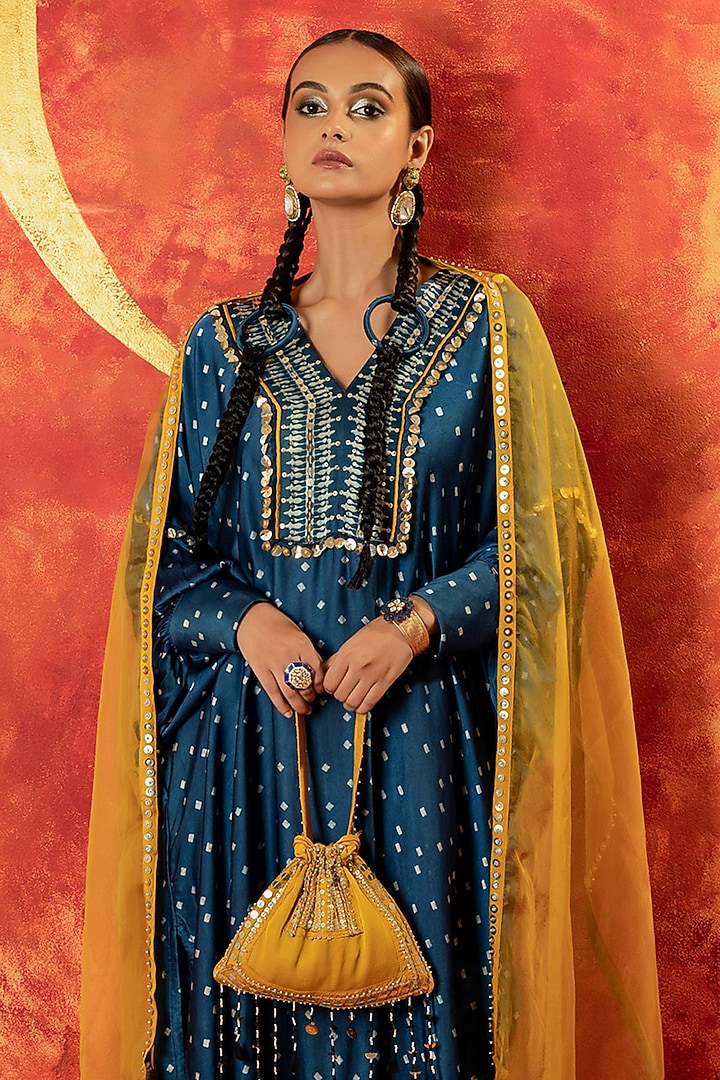 Indigo Blue Ajrakh Hand Block Satin Sequins Embroidered Kurta Set by Prahnaaya at Pernia's Pop Up Shop