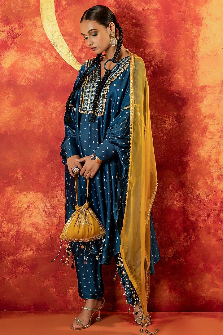 Indigo Blue Ajrakh Hand Block Satin Sequins Embroidered Kurta Set by Prahnaaya at Pernia's Pop Up Shop