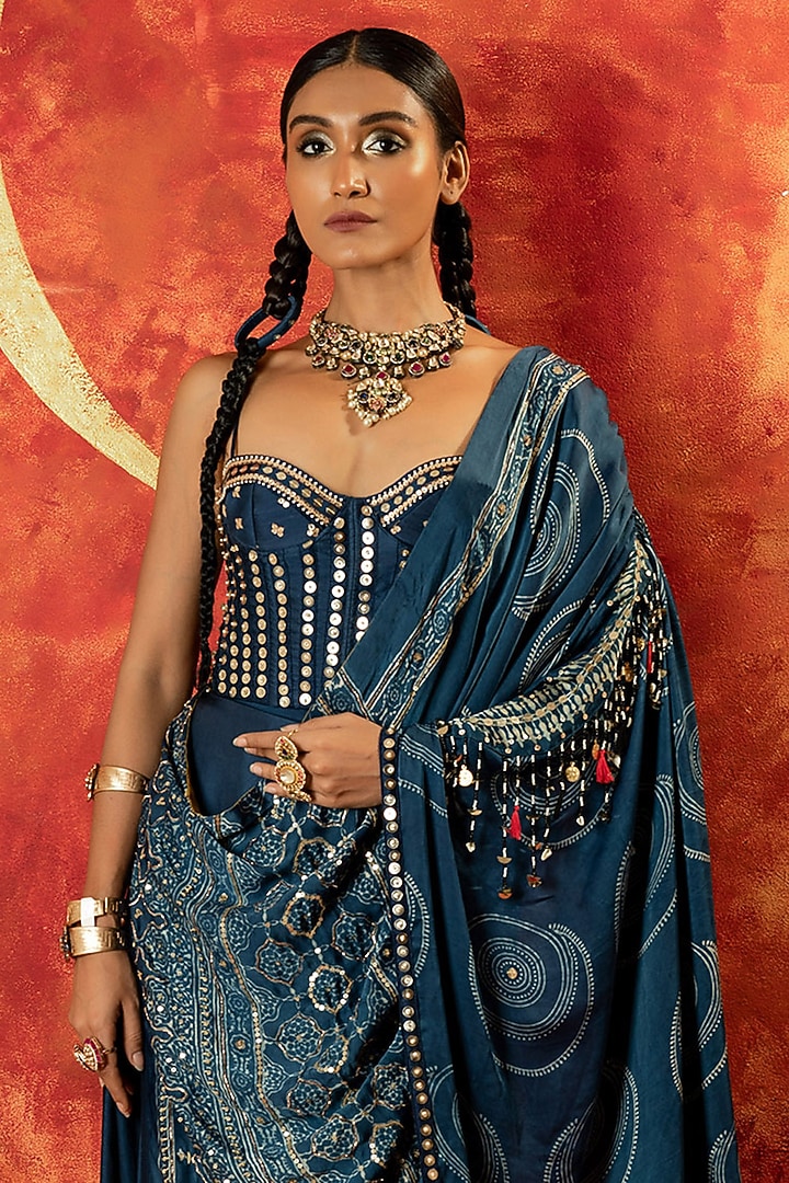 Indigo Blue Vegan Satin Sequins Hand Embroidered Skirt Set by Prahnaaya at Pernia's Pop Up Shop