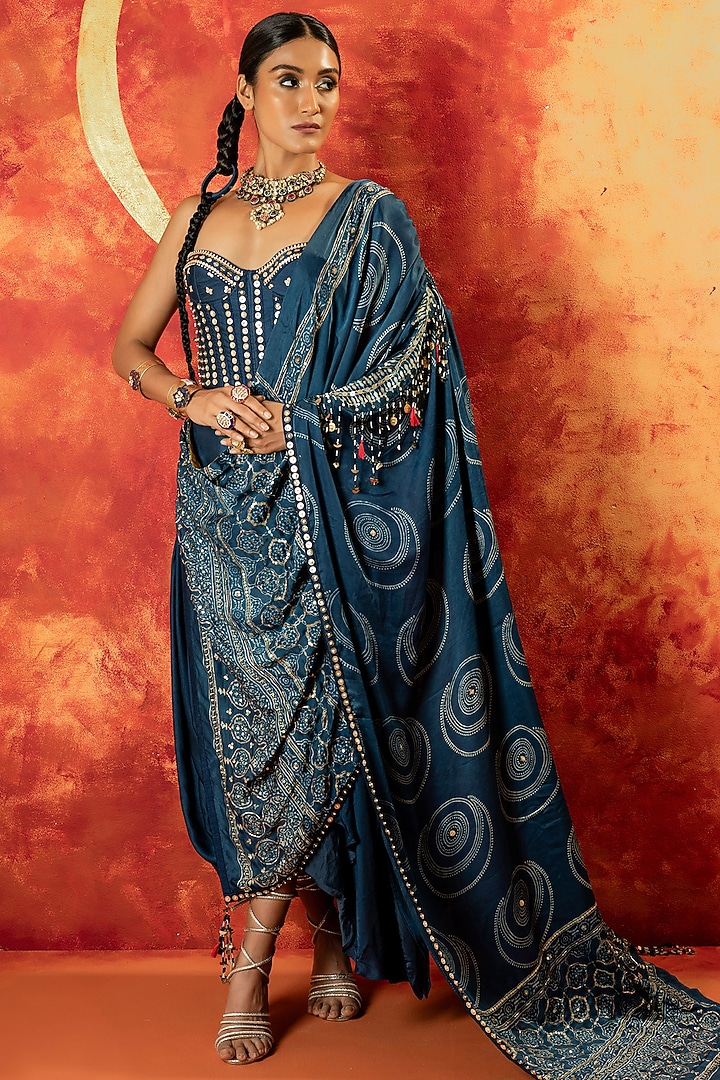 Indigo Blue Vegan Satin Sequins Hand Embroidered Skirt Set by Prahnaaya at Pernia's Pop Up Shop
