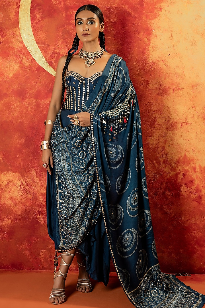 Indigo Blue Vegan Satin Draped Skirt Saree Set by Prahnaaya at Pernia's Pop Up Shop