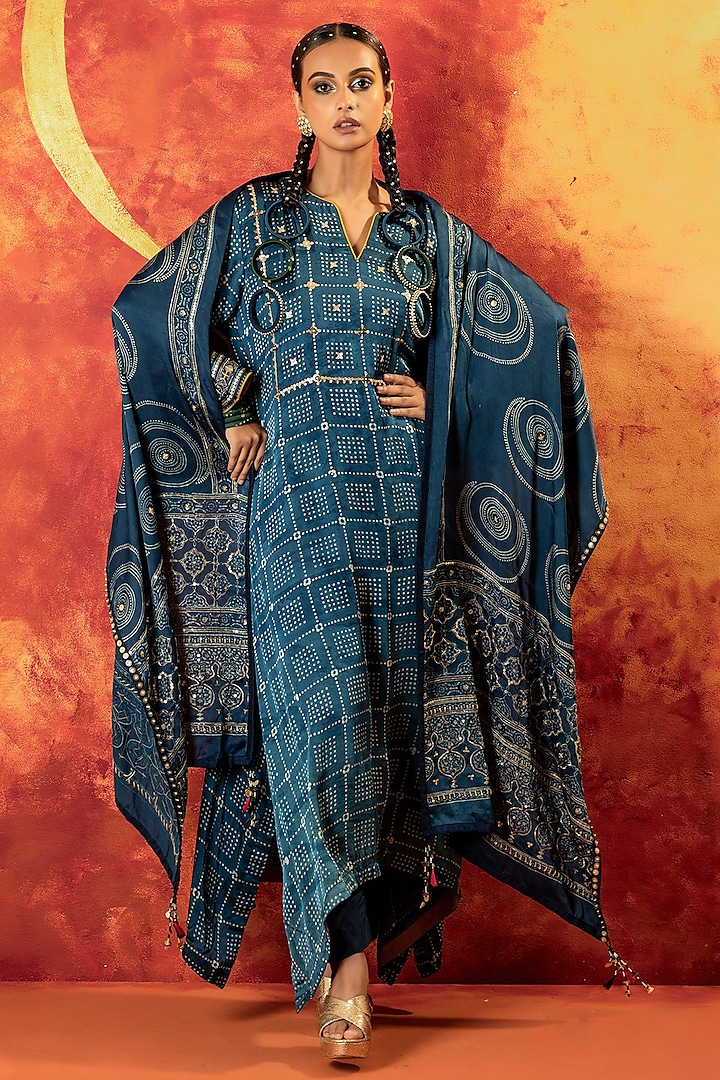 Indigo Blue Ajrakh Hand Block Satin Sequins Embroidered Kurta Set by Prahnaaya at Pernia's Pop Up Shop