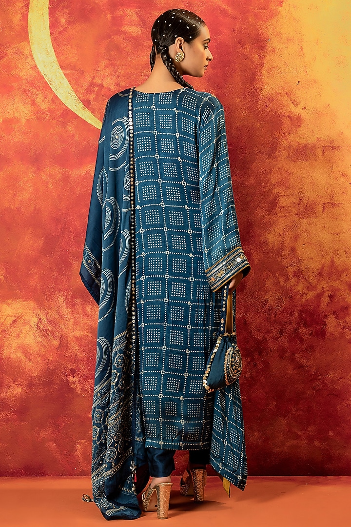 Indigo Blue Ajrakh Hand Block Satin Sequins Embroidered Kurta Set by Prahnaaya at Pernia's Pop Up Shop