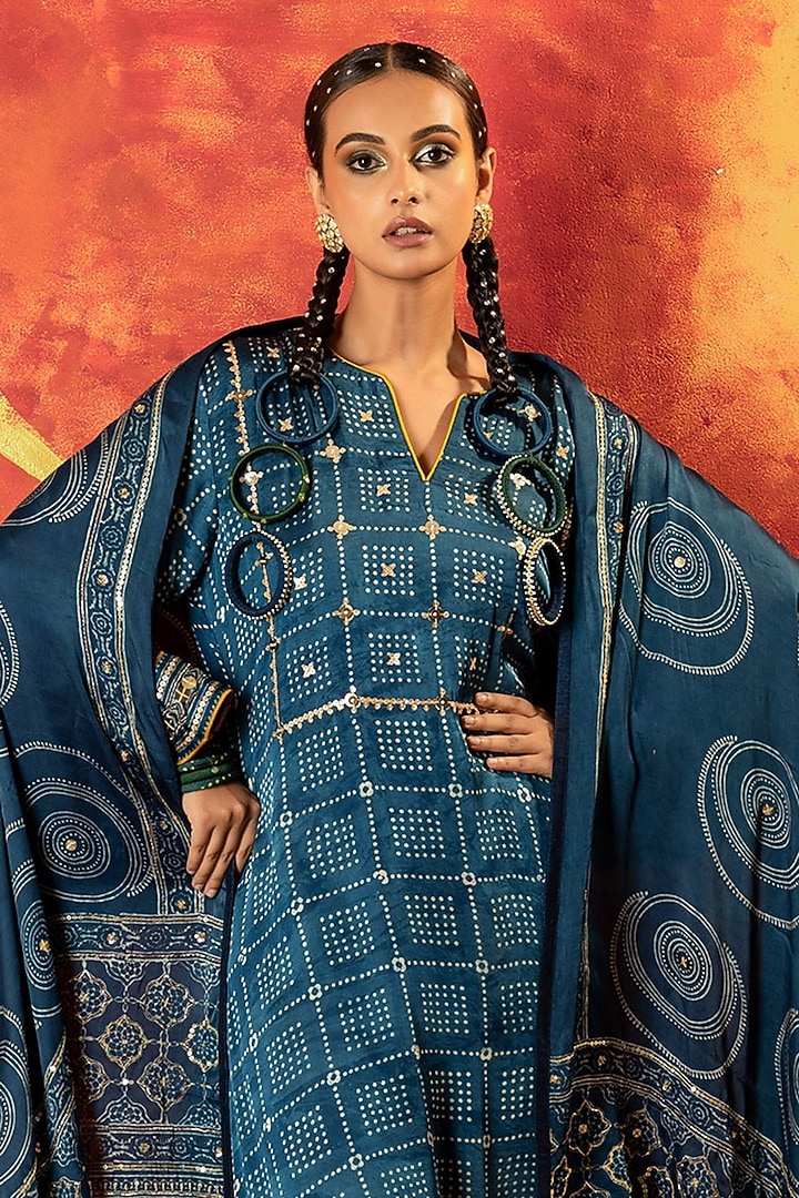 Indigo Blue Ajrakh Hand Block Satin Sequins Embroidered Kurta Set by Prahnaaya at Pernia's Pop Up Shop