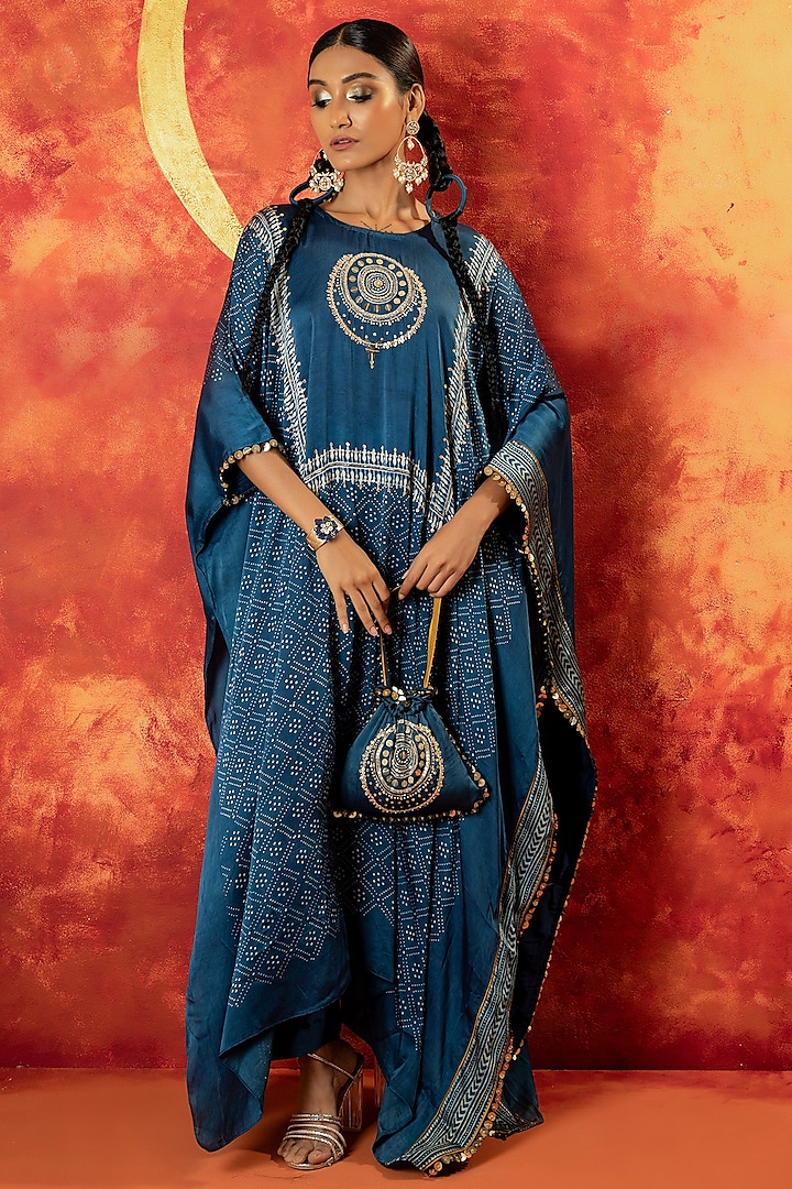 Indigo Blue Ajrakh Hand Block Satin Kaftan Set by Prahnaaya