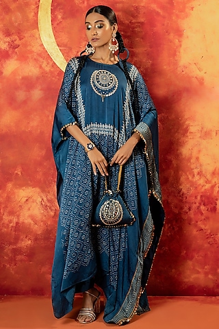 Indigo Blue Ajrakh Hand Block Satin Kaftan Set by Prahnaaya