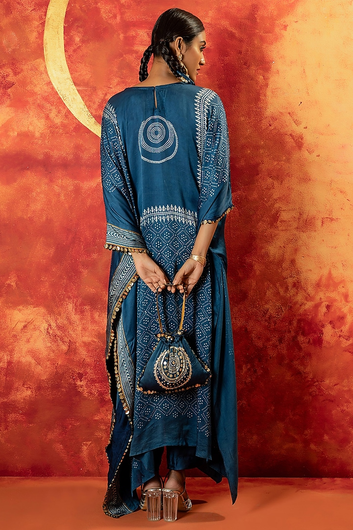 Indigo Blue Ajrakh Hand Block Satin Kaftan Set by Prahnaaya at Pernia's Pop Up Shop