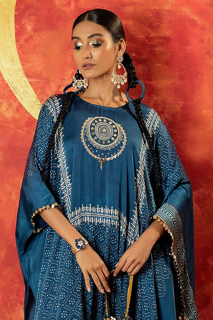Indigo Blue Ajrakh Hand Block Satin Kaftan Set by Prahnaaya at Pernia's Pop Up Shop