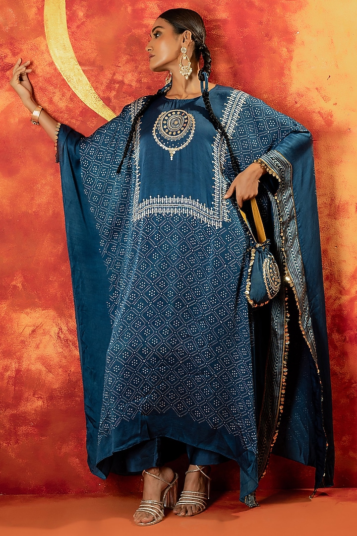 Indigo Blue Ajrakh Hand Block Satin Kaftan Set by Prahnaaya at Pernia's Pop Up Shop