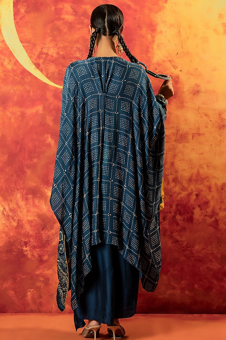 Indigo Blue Ajrakh Hand Block Satin Pleated High-Low Kaftan Set by Prahnaaya at Pernia's Pop Up Shop