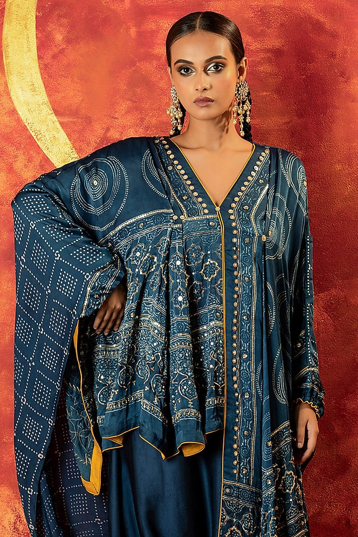 Indigo Blue Ajrakh Hand Block Satin Pleated High-Low Kaftan Set by Prahnaaya at Pernia's Pop Up Shop