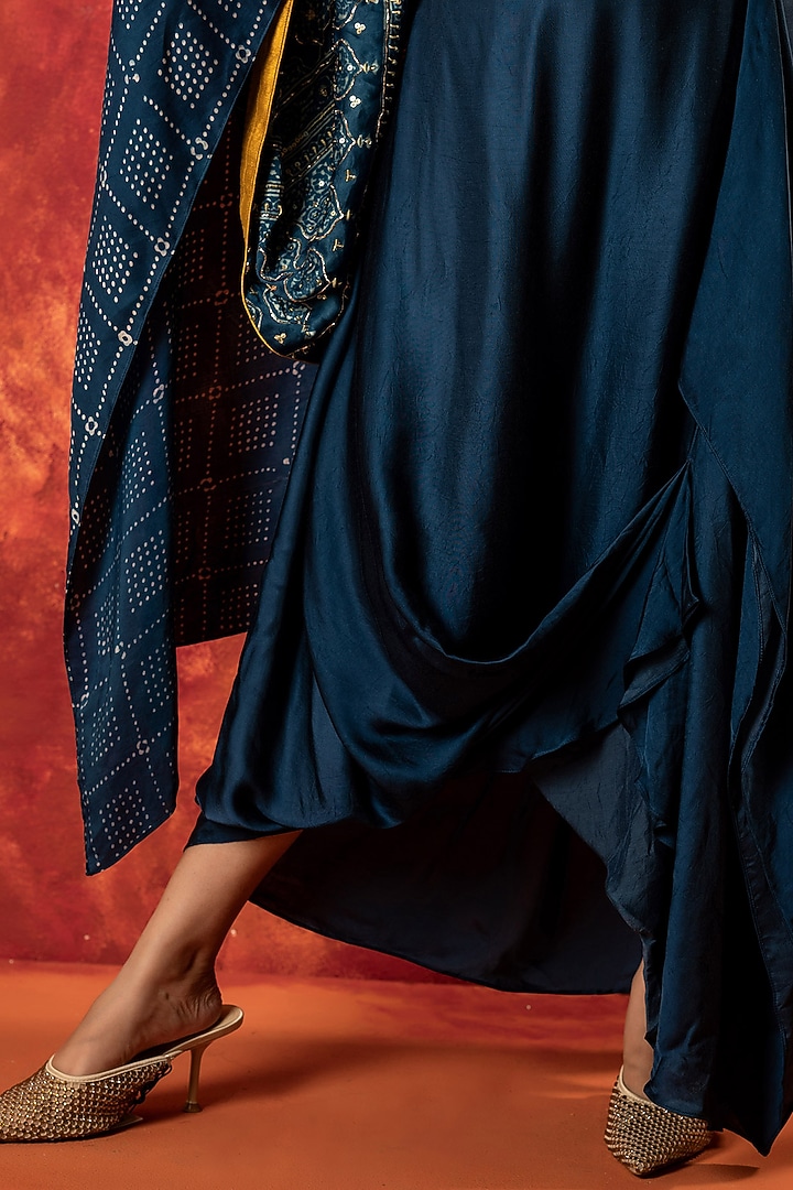 Indigo Blue Ajrakh Hand Block Satin Pleated High-Low Kaftan Set by Prahnaaya at Pernia's Pop Up Shop