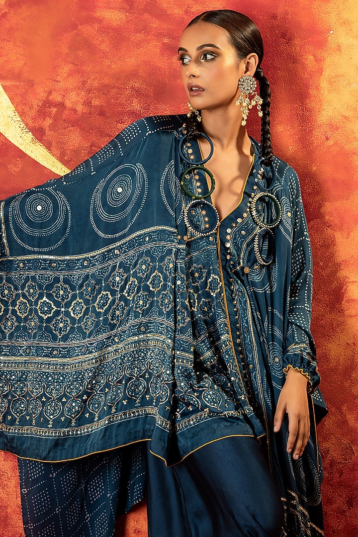 Indigo Blue Ajrakh Hand Block Satin Pleated High-Low Kaftan Set by Prahnaaya at Pernia's Pop Up Shop