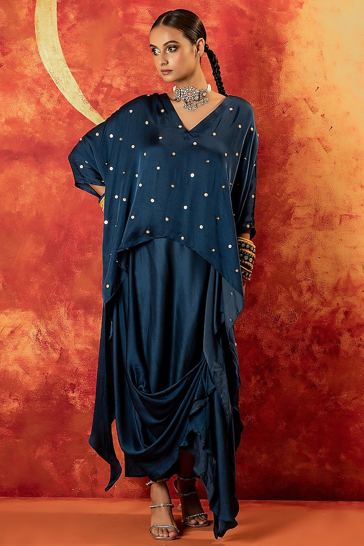 Indigo Blue Vegan Satin Mirror Hand Embroidered Asymmetric Tunic Set by Prahnaaya