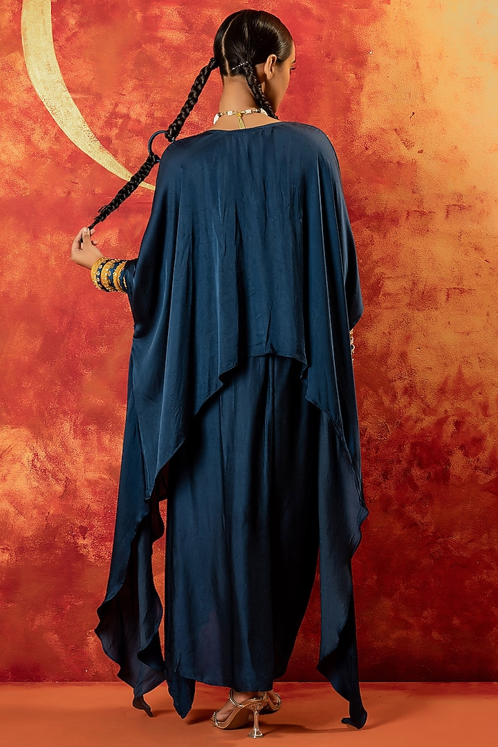 Indigo Blue Vegan Satin Mirror Hand Embroidered Asymmetric Tunic Set by Prahnaaya at Pernia's Pop Up Shop