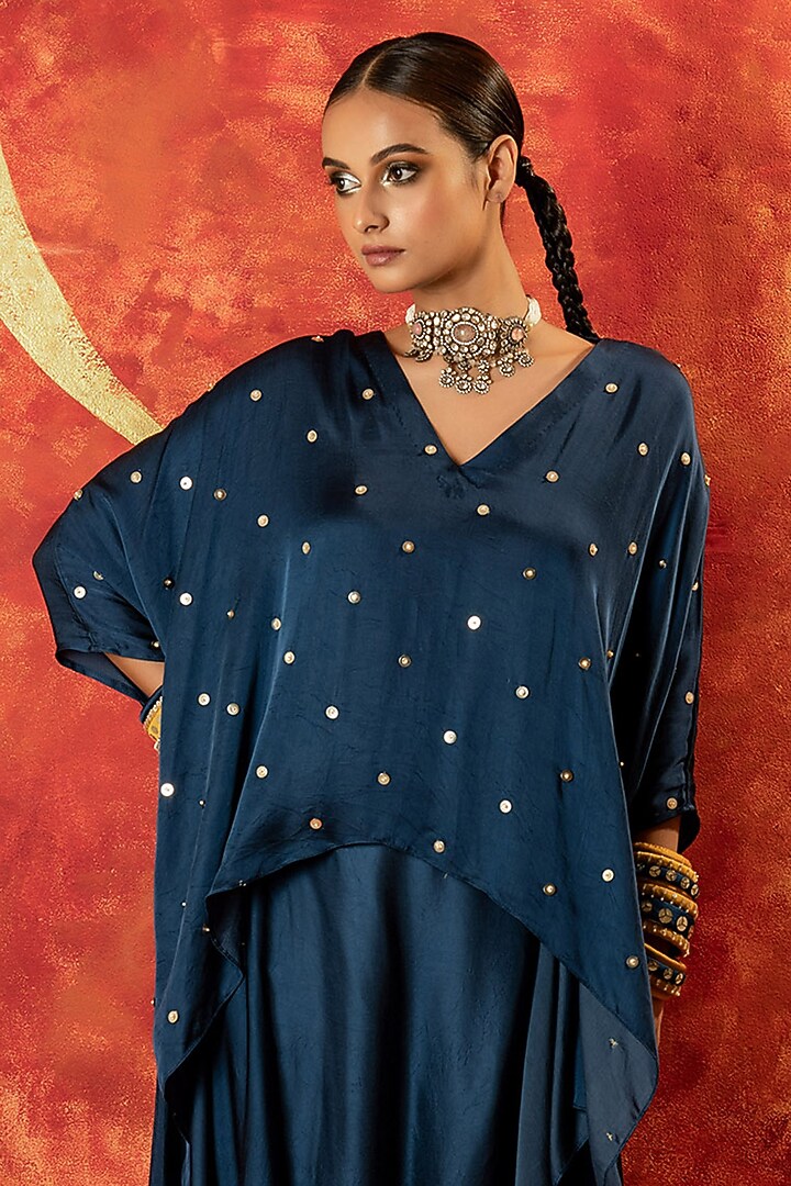 Indigo Blue Vegan Satin Mirror Hand Embroidered Asymmetric Tunic Set by Prahnaaya at Pernia's Pop Up Shop
