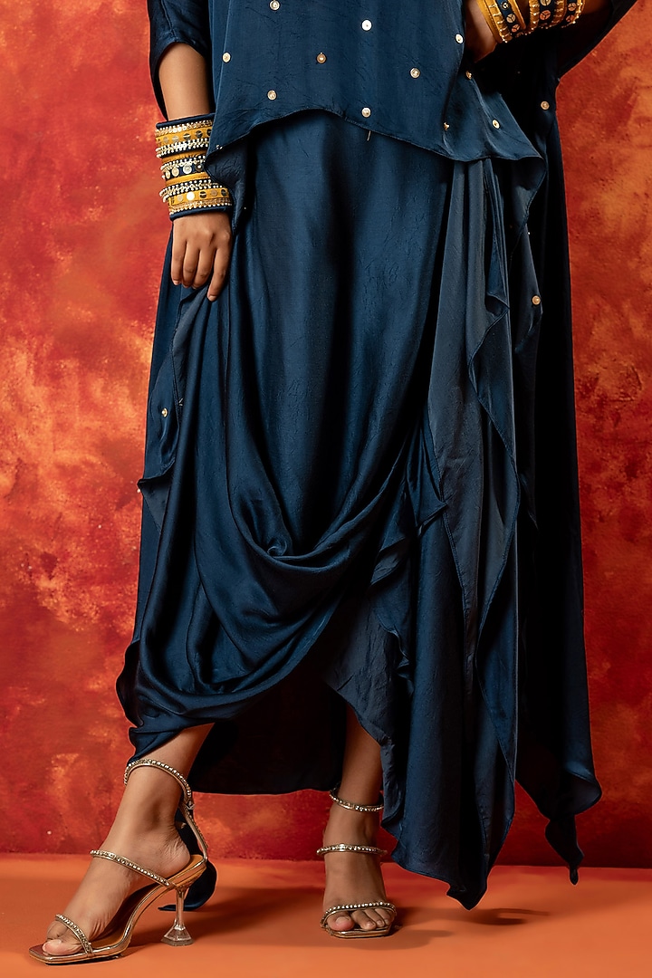 Indigo Blue Vegan Satin Mirror Hand Embroidered Asymmetric Tunic Set by Prahnaaya at Pernia's Pop Up Shop