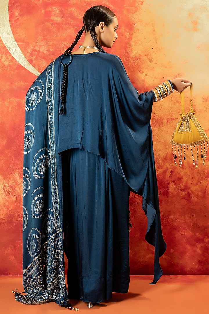 Indigo Blue Vegan Satin Cowl Skirt Set by Prahnaaya at Pernia's Pop Up Shop