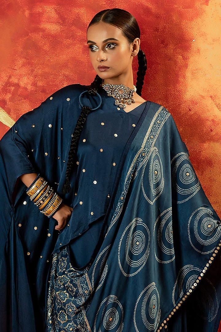 Indigo Blue Vegan Satin Cowl Skirt Set by Prahnaaya at Pernia's Pop Up Shop