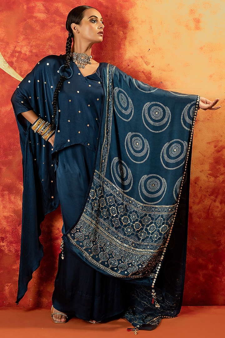 Indigo Blue Vegan Satin Cowl Skirt Set by Prahnaaya at Pernia's Pop Up Shop