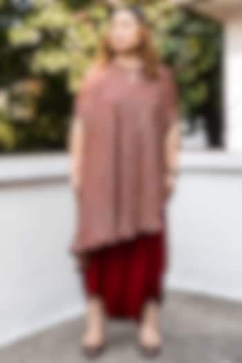 Red Ajrakh Satin Hand-Block Printed & Embroidered Tunic Set by Prahnaaya at Pernia's Pop Up Shop