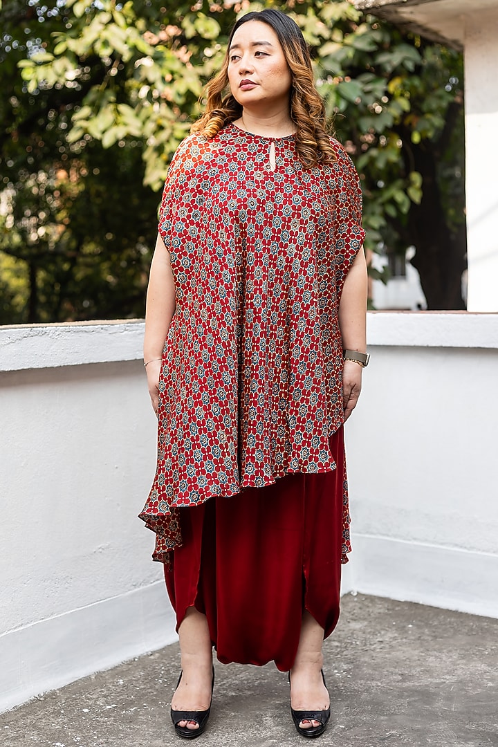 Red Ajrakh Satin Hand-Block Printed & Embroidered Tunic Set by Prahnaaya at Pernia's Pop Up Shop