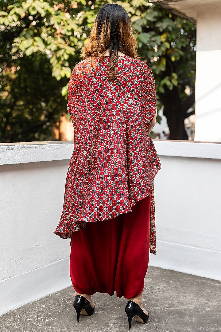 Red Ajrakh Satin Hand-Block Printed & Embroidered Tunic Set by Prahnaaya at Pernia's Pop Up Shop