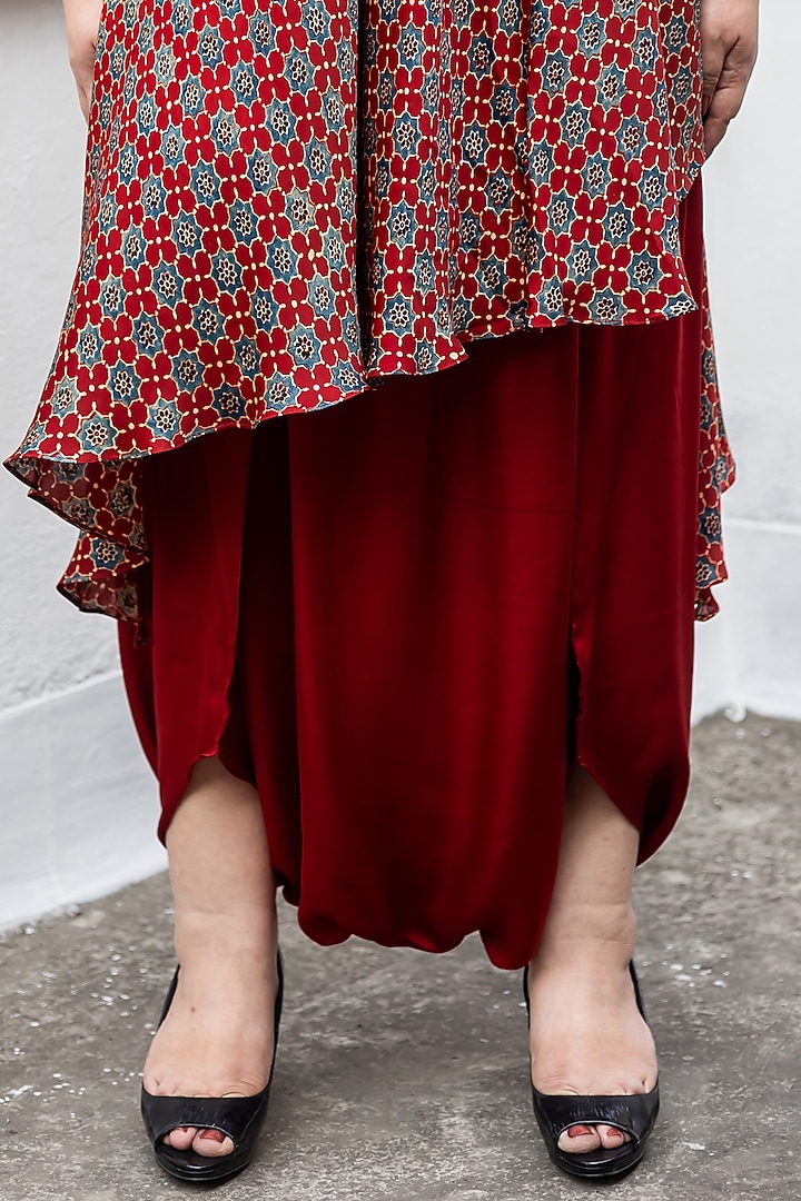 Red Ajrakh Satin Hand-Block Printed & Embroidered Tunic Set by Prahnaaya at Pernia's Pop Up Shop