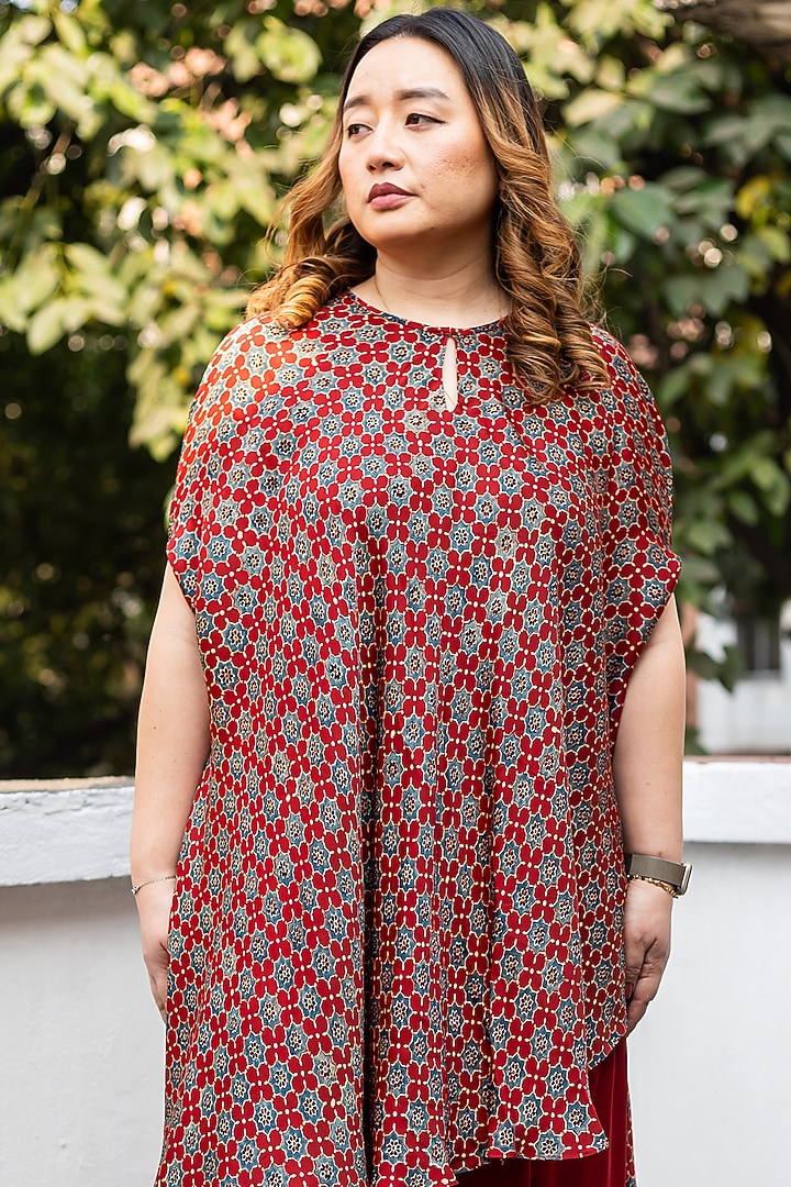 Red Ajrakh Satin Hand-Block Printed & Embroidered Tunic Set by Prahnaaya at Pernia's Pop Up Shop