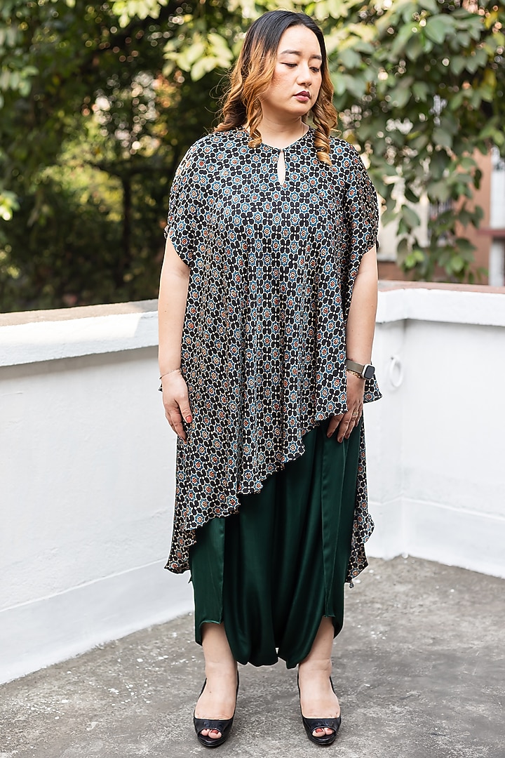 Black Ajrakh Satin Hand-Block Printed & Embroidered Tunic Set by Prahnaaya at Pernia's Pop Up Shop