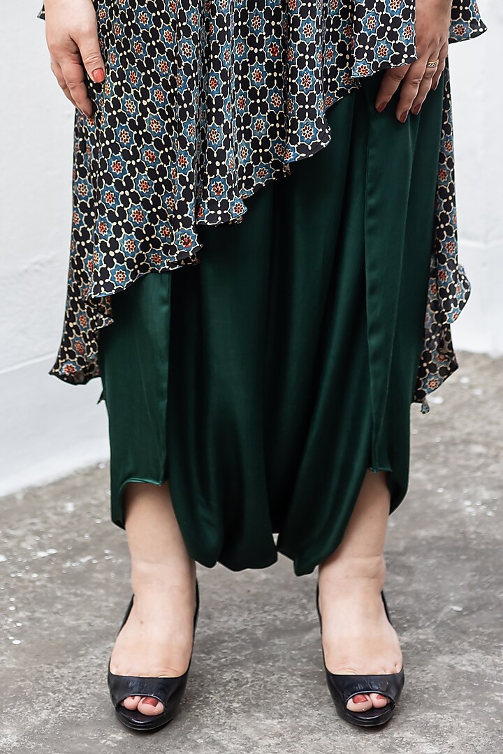Black Ajrakh Satin Hand-Block Printed & Embroidered Tunic Set by Prahnaaya at Pernia's Pop Up Shop