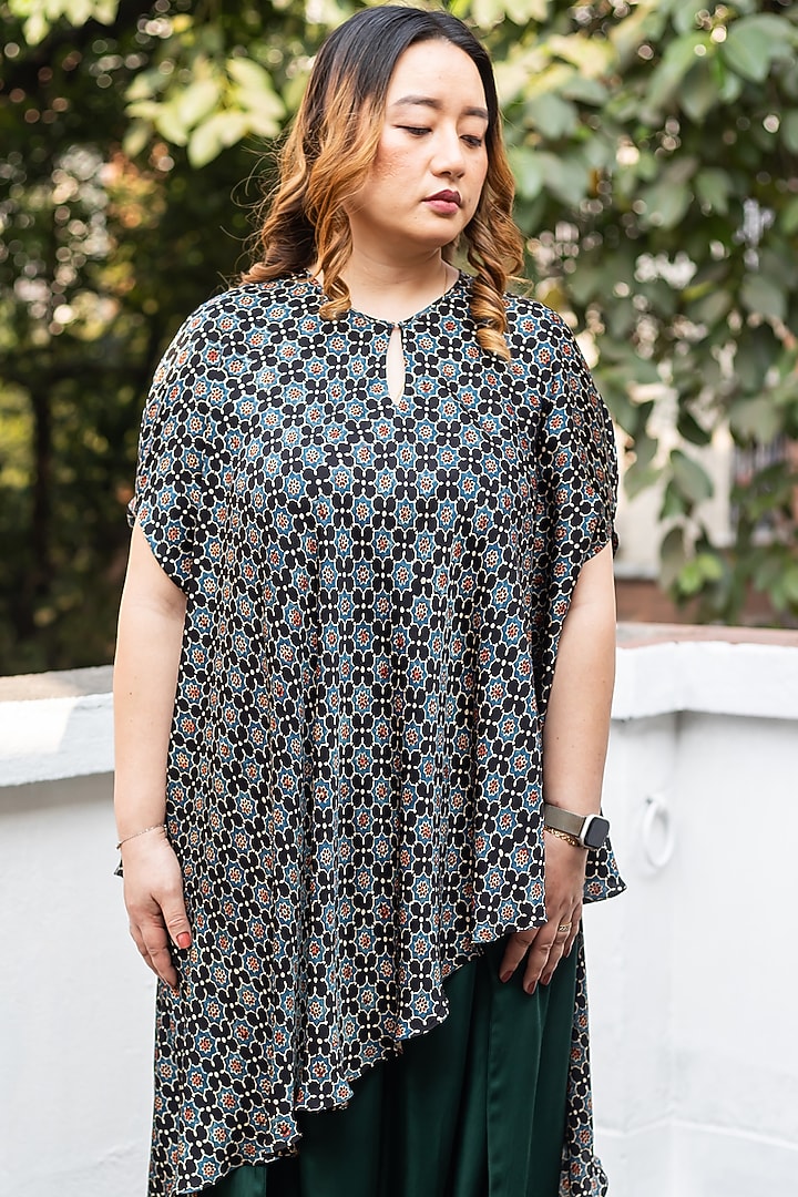 Black Ajrakh Satin Hand-Block Printed & Embroidered Tunic Set by Prahnaaya at Pernia's Pop Up Shop
