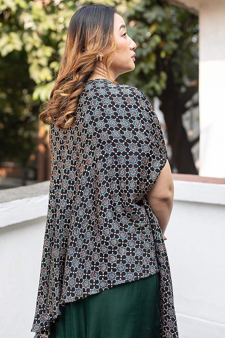 Black Ajrakh Satin Hand-Block Printed & Embroidered Tunic Set by Prahnaaya at Pernia's Pop Up Shop