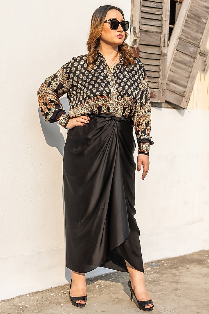 Black Modal Satin Wrap Skirt Set by Prahnaaya at Pernia's Pop Up Shop