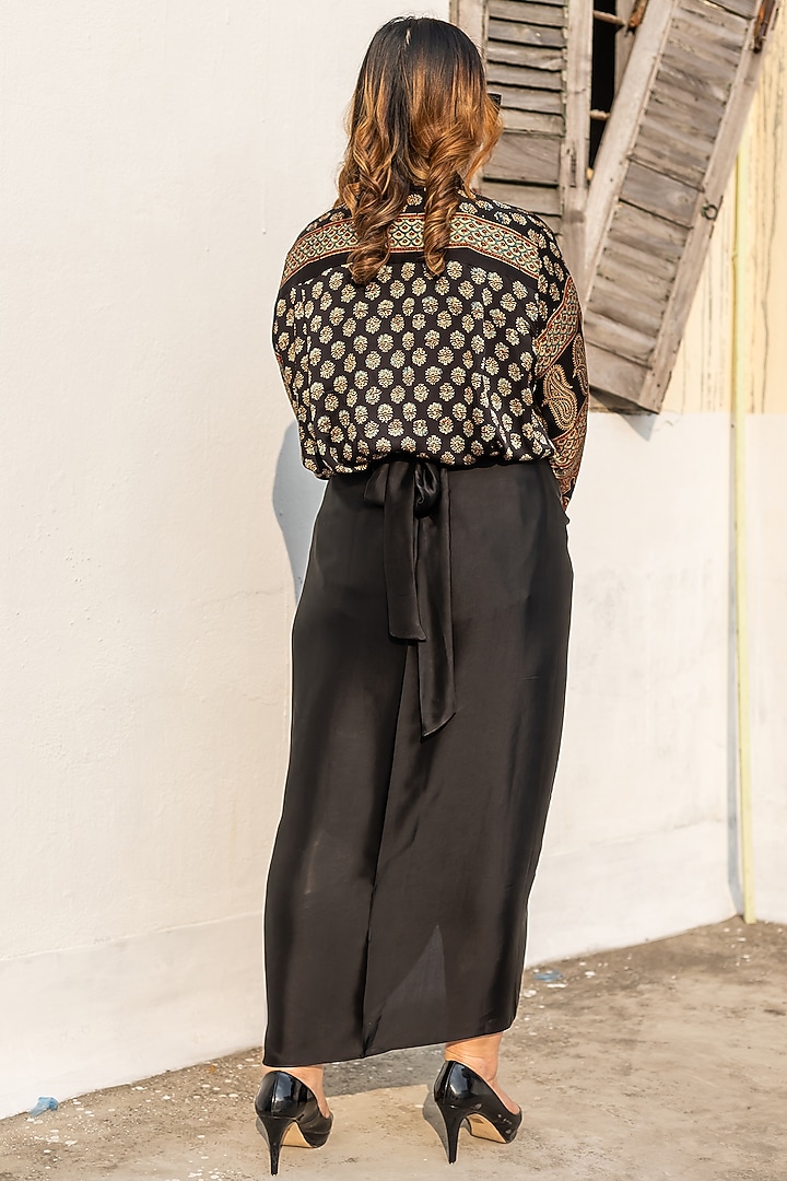 Black Modal Satin Wrap Skirt Set by Prahnaaya at Pernia's Pop Up Shop