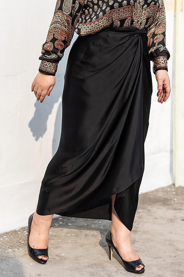 Black Modal Satin Wrap Skirt Set by Prahnaaya at Pernia's Pop Up Shop