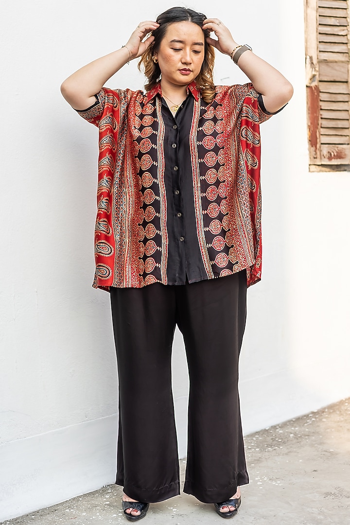 Red & Black Ajrakh Satin Hand-Block Printed Co-Ord Set by Prahnaaya at Pernia's Pop Up Shop