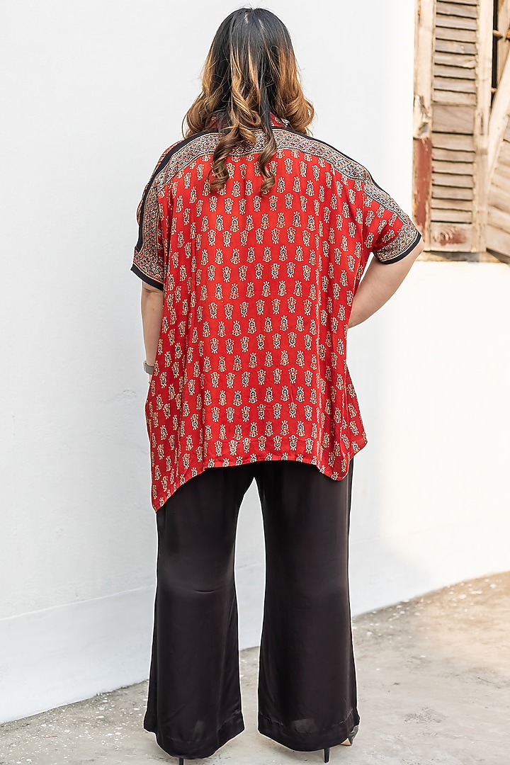 Red & Black Ajrakh Satin Hand-Block Printed Co-Ord Set by Prahnaaya at Pernia's Pop Up Shop