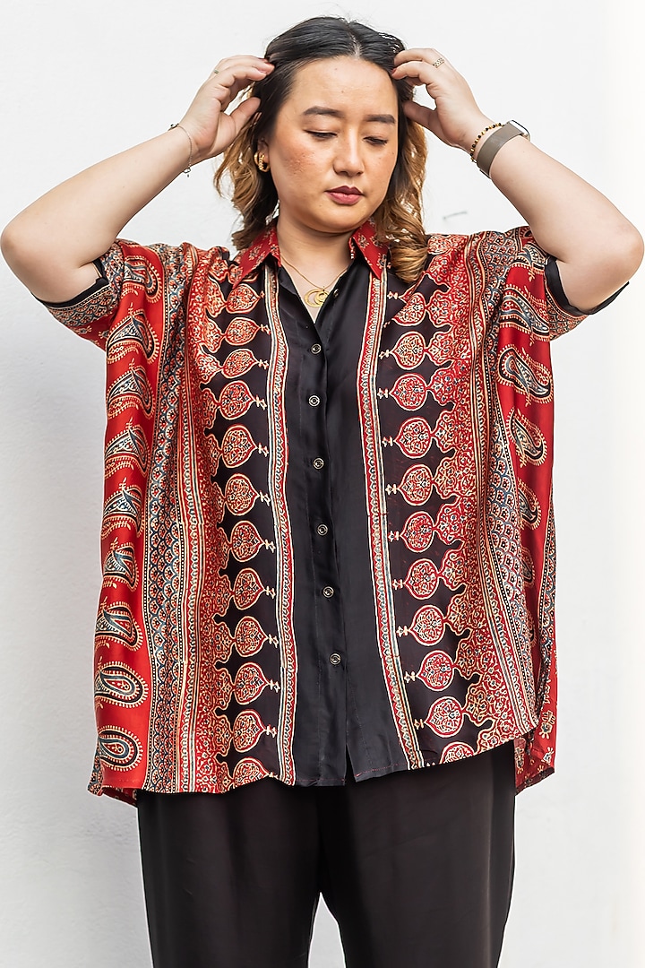 Red & Black Ajrakh Satin Hand-Block Printed Co-Ord Set by Prahnaaya at Pernia's Pop Up Shop