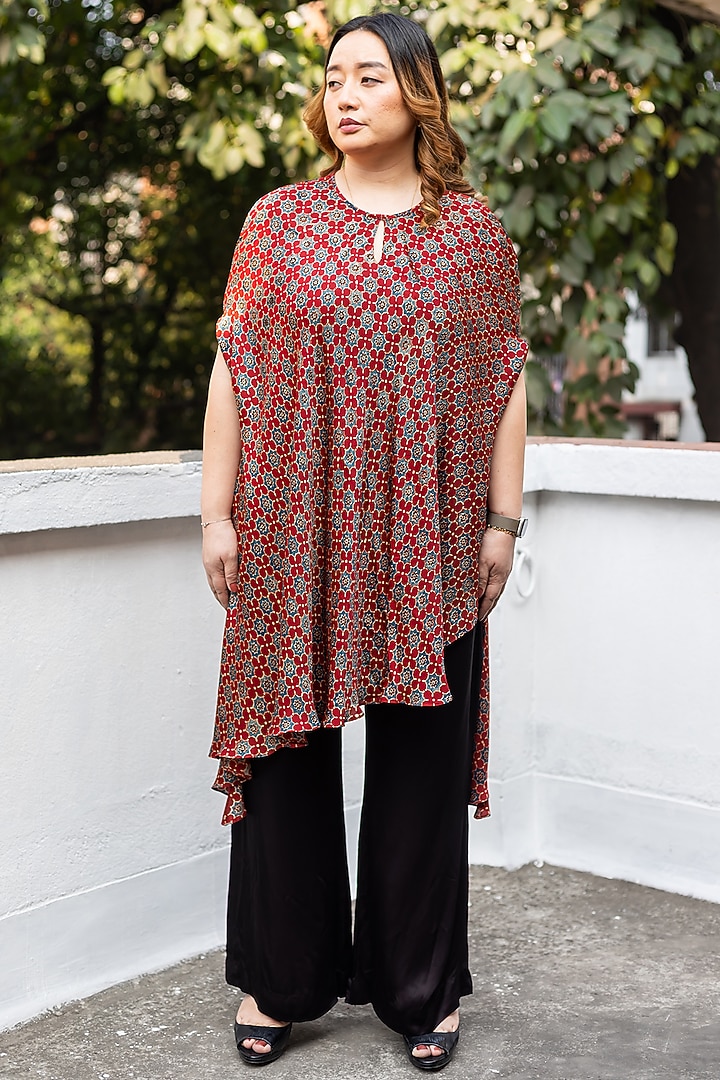 Red Ajrakh Satin Hand-Block Printed Tunic Set by Prahnaaya at Pernia's Pop Up Shop