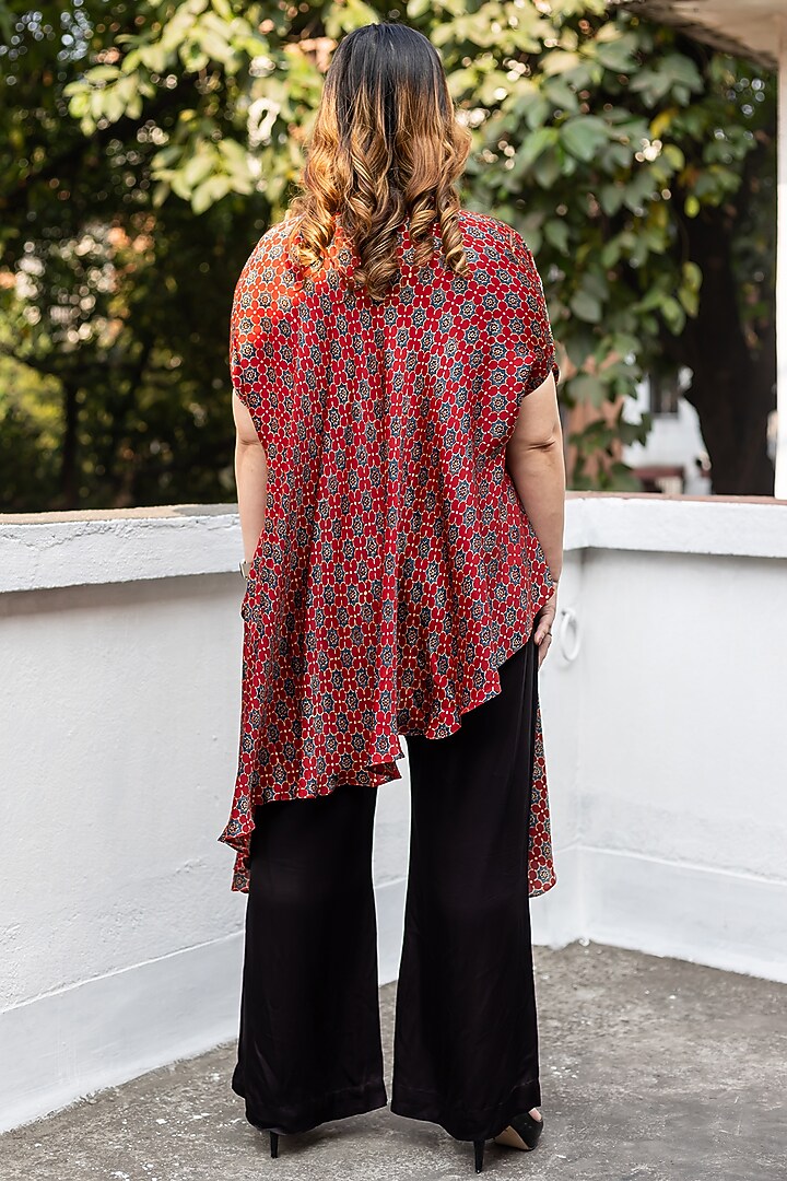 Red Ajrakh Satin Hand-Block Printed Tunic Set by Prahnaaya at Pernia's Pop Up Shop