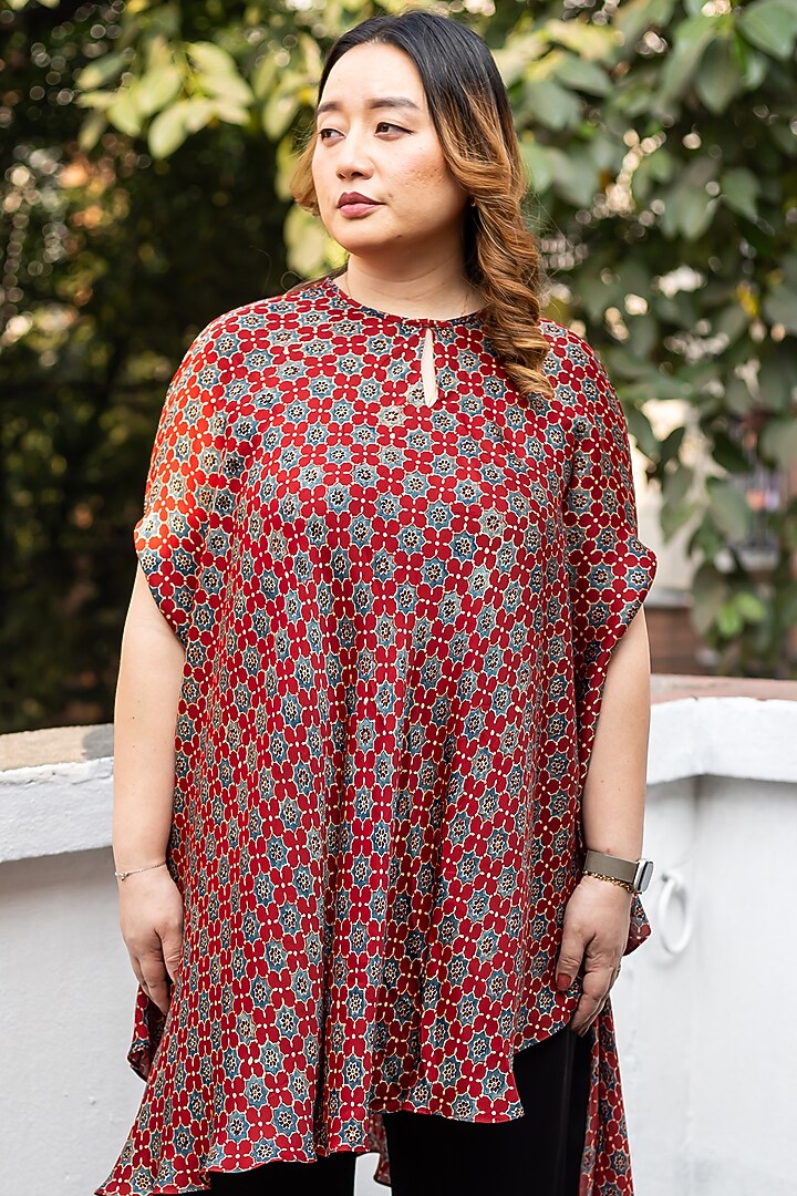 Red Ajrakh Satin Hand-Block Printed Tunic Set by Prahnaaya at Pernia's Pop Up Shop