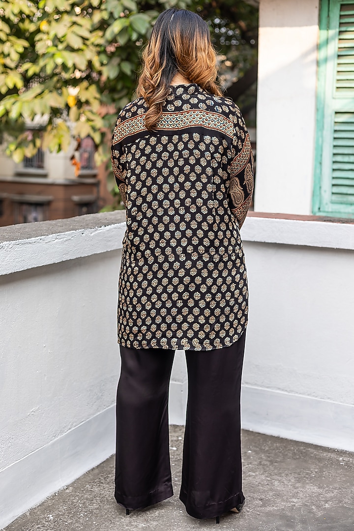 Black Ajrakh Satin Hand-Block Printed Co-Ord Set by Prahnaaya at Pernia's Pop Up Shop