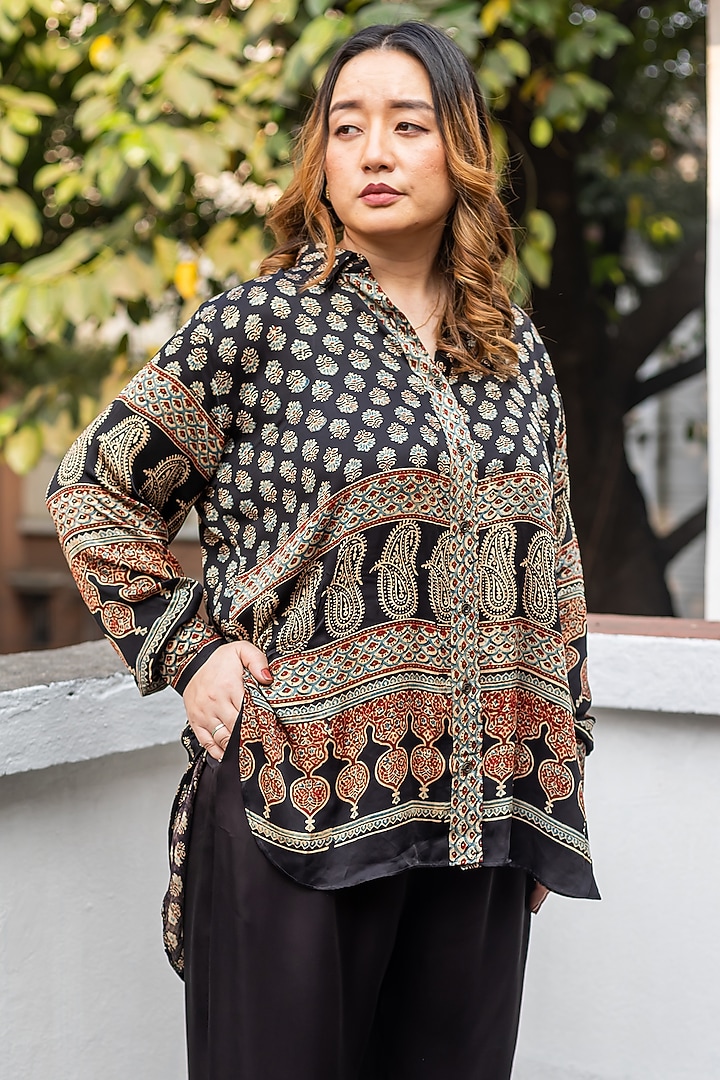 Black Ajrakh Satin Hand-Block Printed Co-Ord Set by Prahnaaya at Pernia's Pop Up Shop