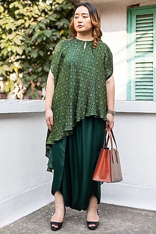 Green Modal Satin Dhoti Skirt Set by Prahnaaya