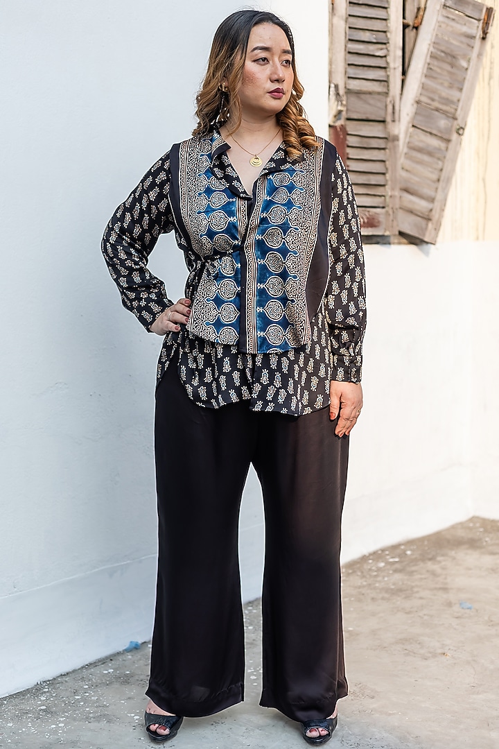 Black Ajrakh Satin Hand-Block Printed Co-Ord Set by Prahnaaya at Pernia's Pop Up Shop