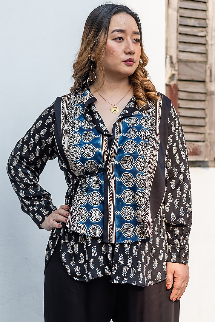 Black Ajrakh Satin Hand-Block Printed Co-Ord Set by Prahnaaya at Pernia's Pop Up Shop